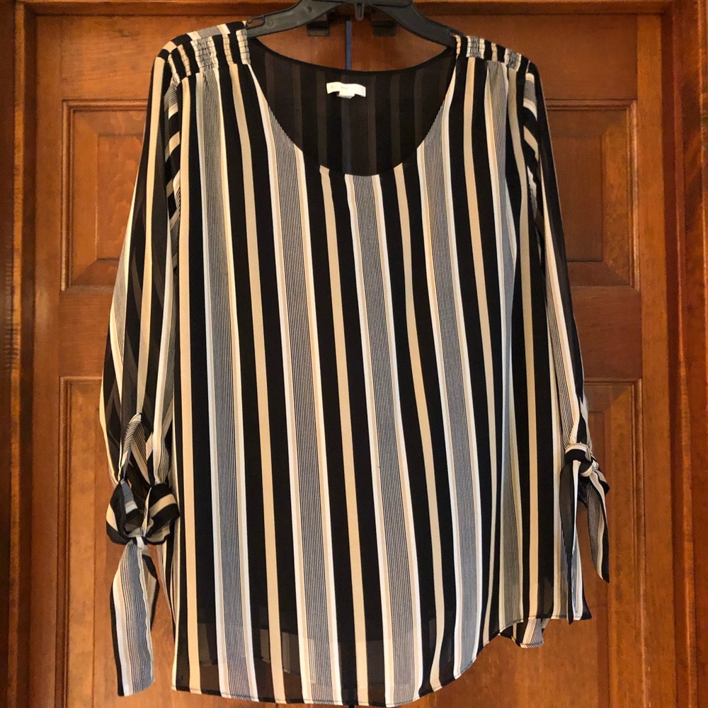 Black beige white vertical striped blouse